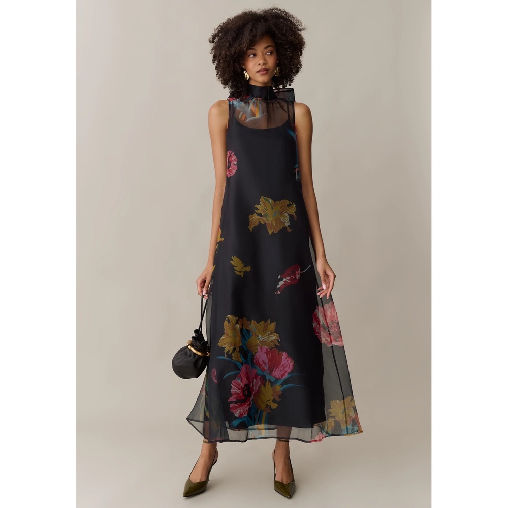 CAARA Alette Black Floral Sheer Overlay Maxi Dress High Tie Neck Sleeveless XS
